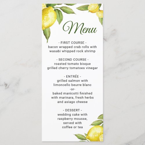 Elegant Lemons Greenery Wedding Dinner Menu