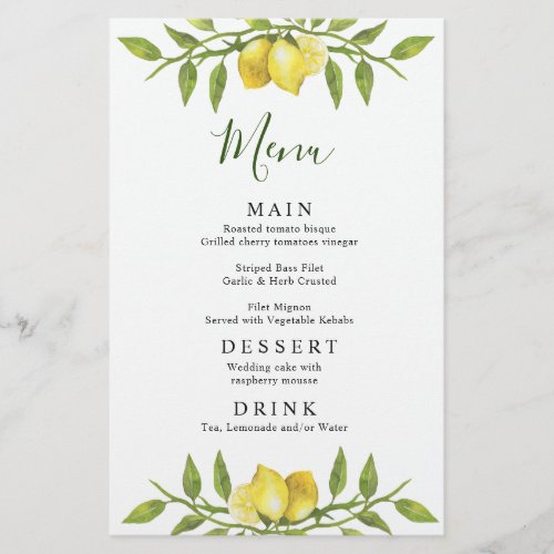 Elegant Lemons Greenery Wedding Dinner Menu