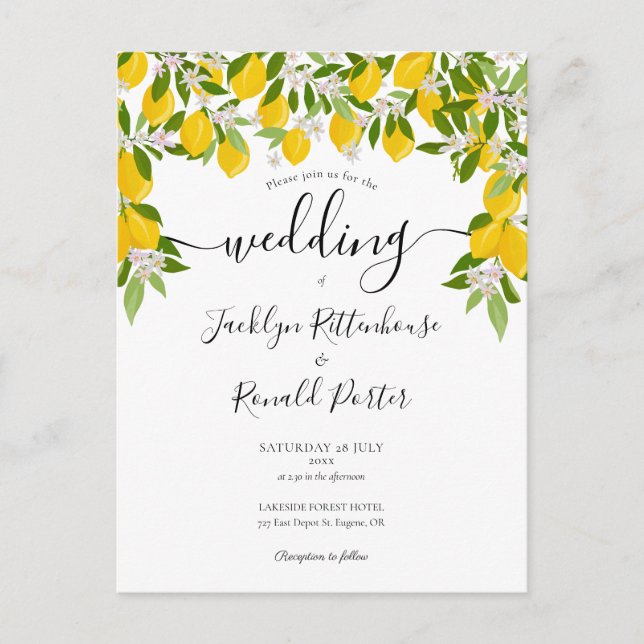 Elegant Lemons Greenery Wedding  Invitation Postcard (Front)