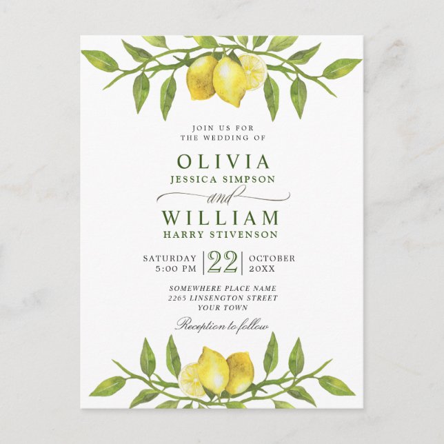 Elegant Lemons Greenery Wedding Invitation Postcard (Front)
