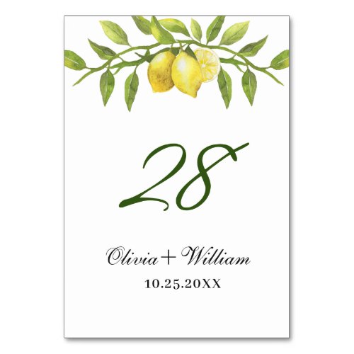 Elegant Lemons Greenery Wedding Table Number