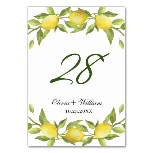 Elegant Lemons Greenery Wedding Table Number