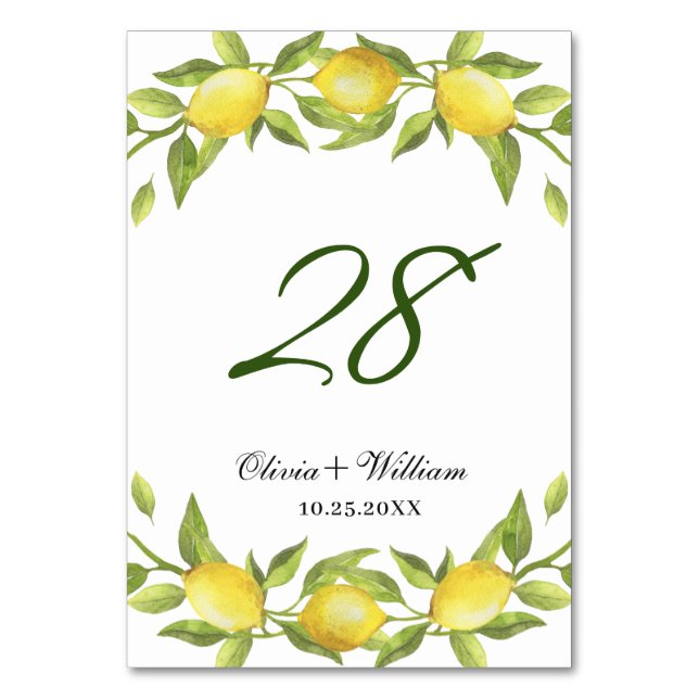 Elegant Lemons Greenery Wedding Table Number (Front)
