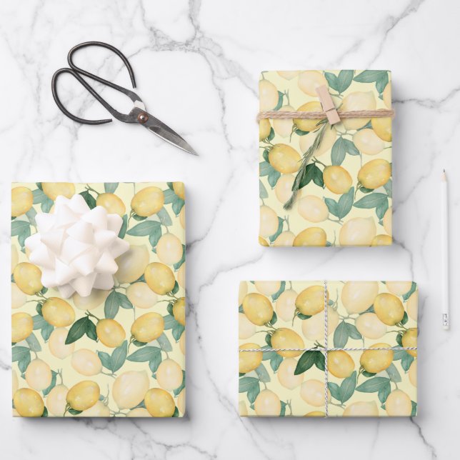 Elegant Lemons on Yellow Wrapping Paper Sheets (Front)
