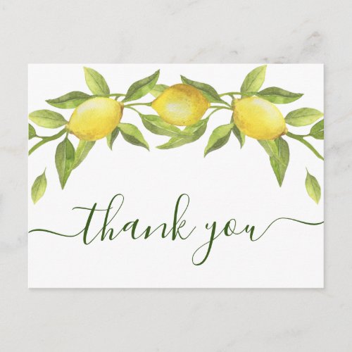 Elegant Lemons Watercolor Floral Wedding Thank You Postcard