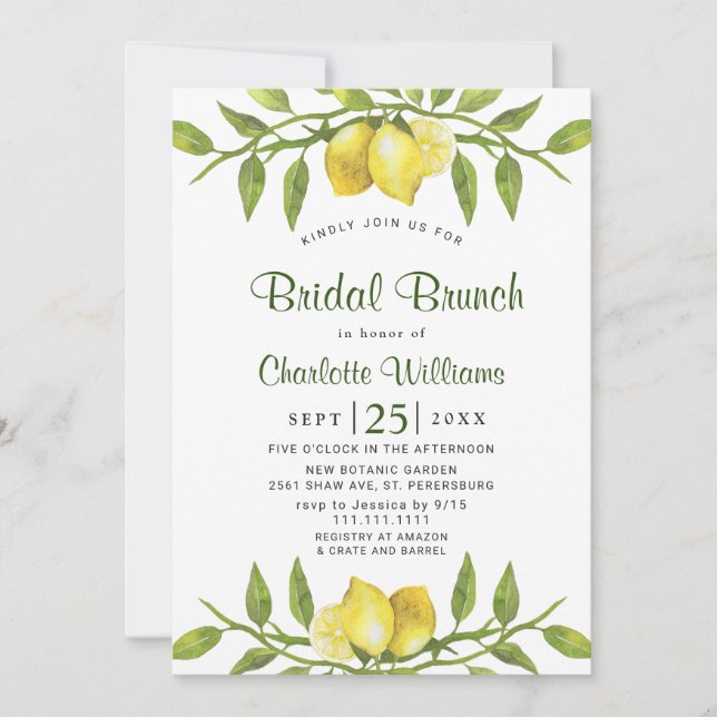 Elegant Lemons Watercolor Greenery BRIDAL BRUNCH Invitation (Front)