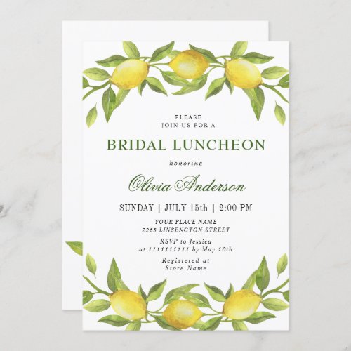 Elegant Lemons Watercolor Greenery BRIDAL LUNCHEON Invitation