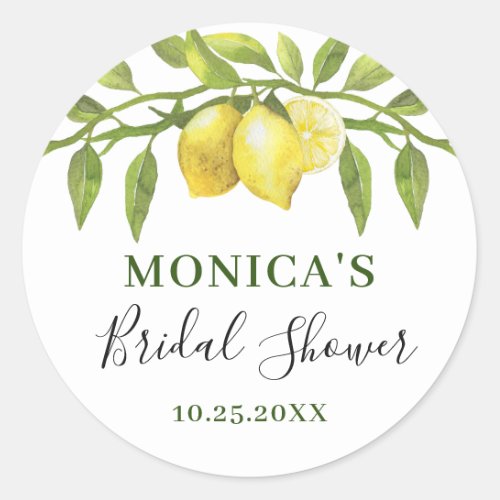 Elegant Lemons Watercolor Greenery BRIDAL SHOWER Classic Round Sticker