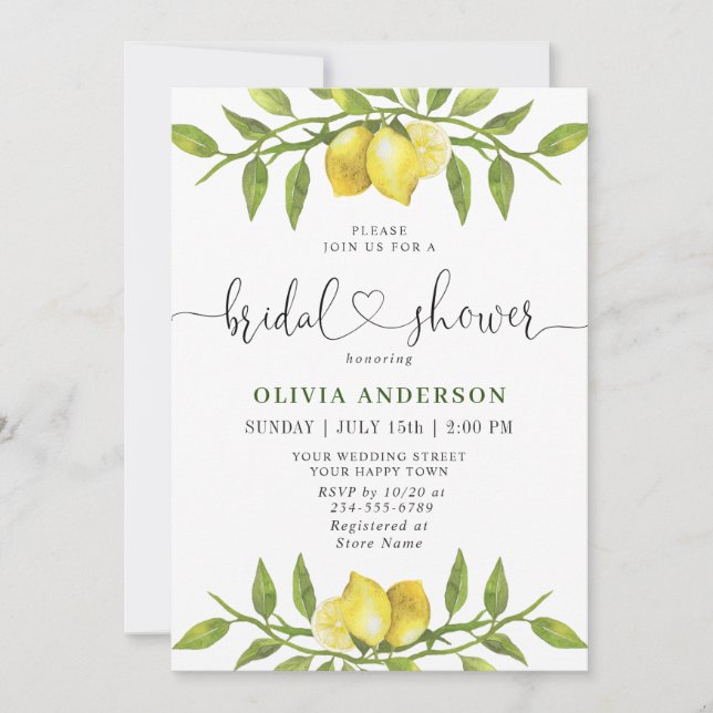 Elegant Lemons Watercolor Greenery BRIDAL SHOWER Invitation (Front)