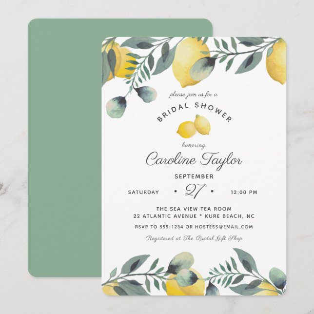 Elegant Lemons Watercolor Greenery Bridal Shower Invitation