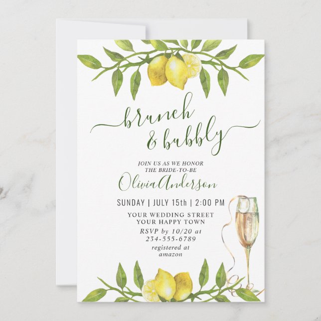 Elegant Lemons Watercolor Greenery BRUNCH & BUBBLY Invitation (Front)
