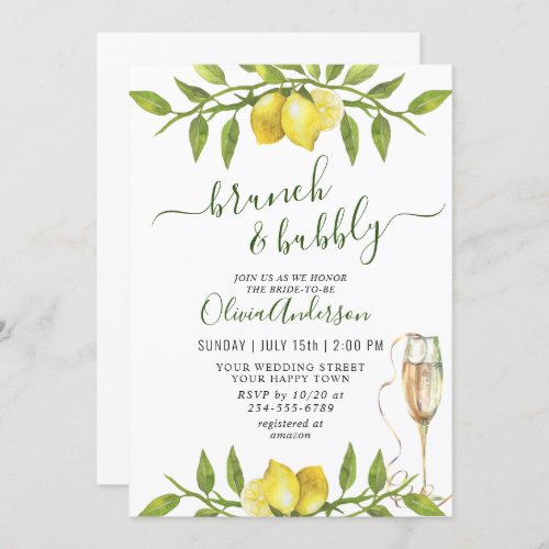 Elegant Lemons Watercolor Greenery BRUNCH  BUBBLY Invitation