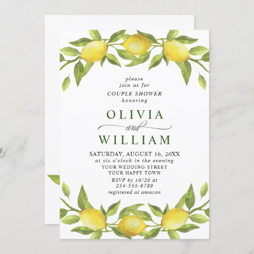 Elegant Lemons Watercolor Greenery COUPLE SHOWER Invitation