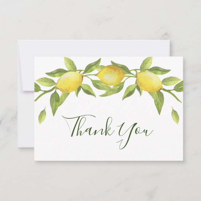 Elegant Lemons Watercolor Greenery Thank You Card (Front)