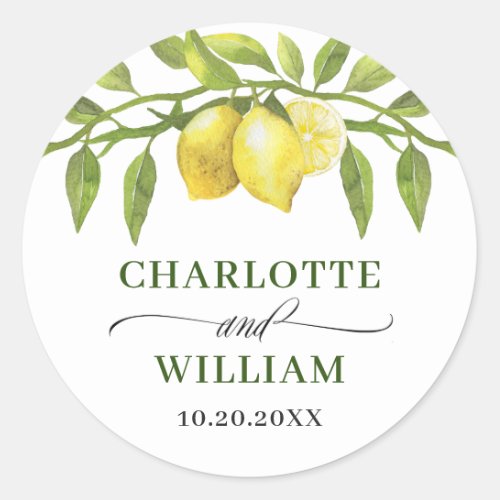 Elegant Lemons Watercolor Greenery Wedding Classic Round Sticker