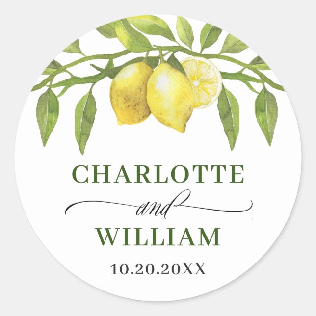 Elegant Lemons Watercolor Greenery Wedding Classic Round Sticker (Front)