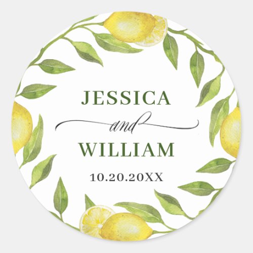 Elegant Lemons Watercolor Greenery Wedding Classic Round Sticker