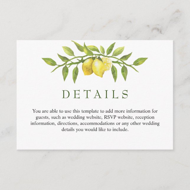 Elegant Lemons Watercolor Greenery Wedding Details Enclosure Card (Front)