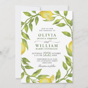 Elegant Lemons Watercolor Greenery Wedding Invitation