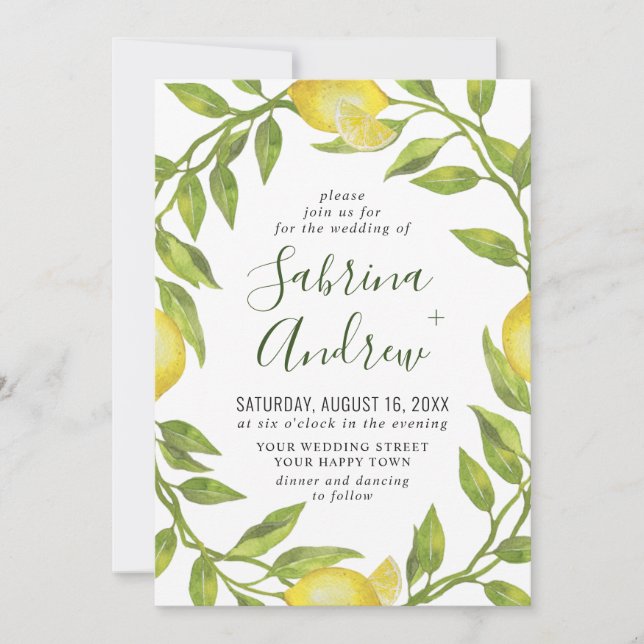 Elegant Lemons Watercolor Greenery Wedding Invitation (Front)