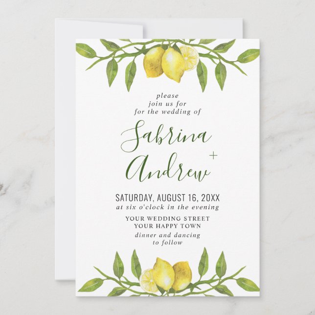 Elegant Lemons Watercolor Greenery Wedding Invitation (Front)