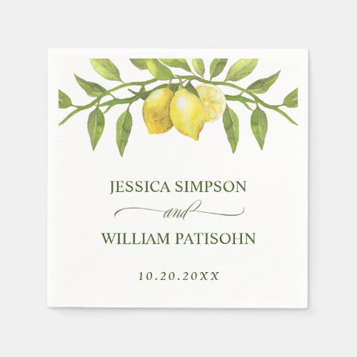 Elegant Lemons Watercolor Greenery Wedding Napkins