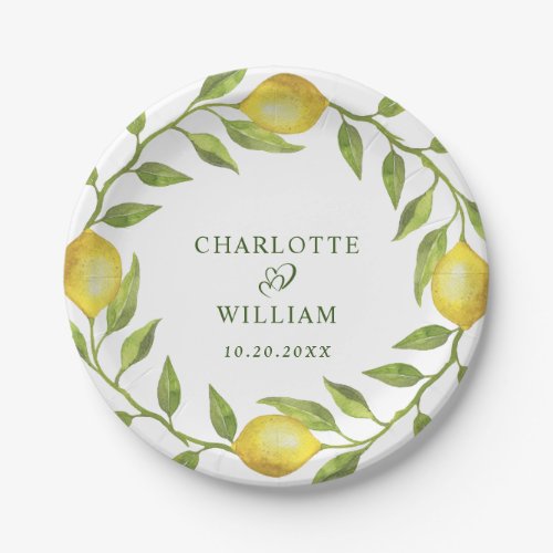 Elegant Lemons Watercolor Greenery Wedding Paper Plate