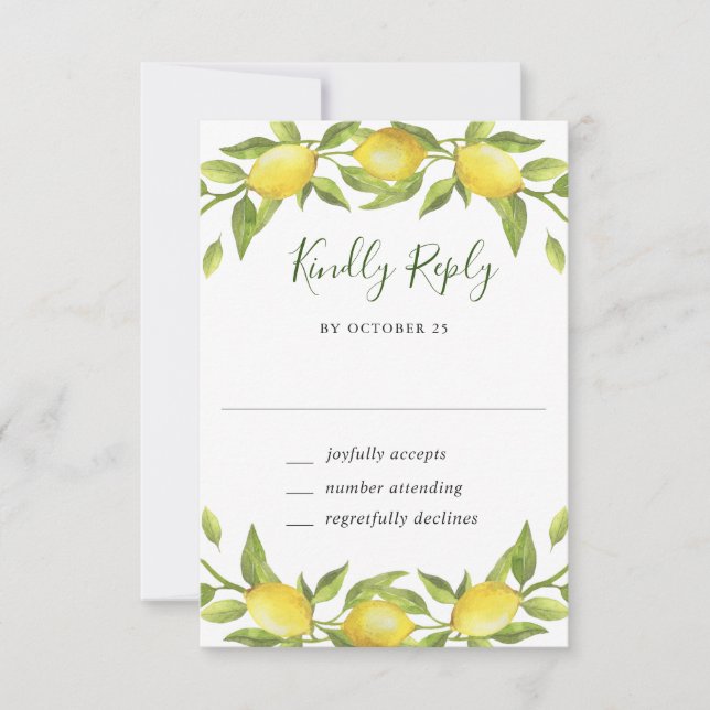 Elegant Lemons Watercolor Greenery Wedding RSVP Ca (Front)