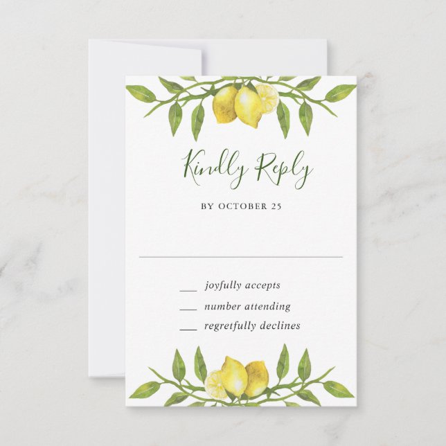 Elegant Lemons Watercolor Greenery Wedding RSVP Card (Front)