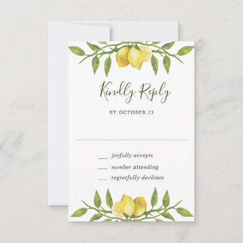 Elegant Lemons Watercolor Greenery Wedding RSVP Card