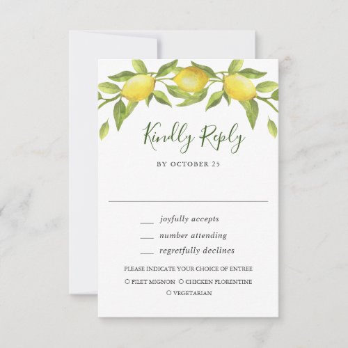 Elegant Lemons Watercolor Greenery Wedding RSVP Card
