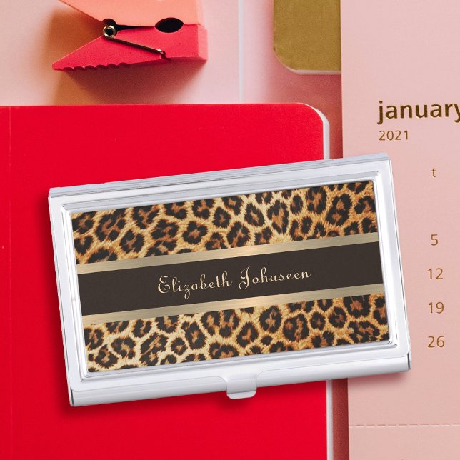 Elegant Leopard Animal Print Brown & Gold Stripe Business Card Case (Creator Uploaded)