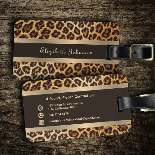 Elegant Leopard Animal Print Brown  Gold Stripe Luggage Tag