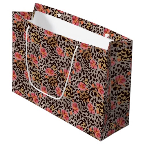 Elegant Leopard Animal Print Pattern Pink Flowers Large Gift Bag