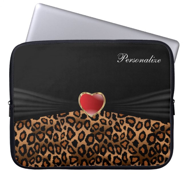 Elegant Leopard Animal Print with a Red Heart Laptop Sleeve (Front)