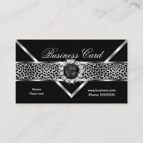 Elegant Leopard Black Silver Diamond Black Pearl Business Card