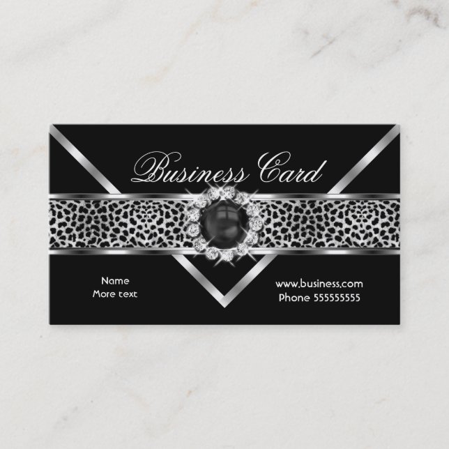 Elegant Leopard Black Silver Diamond Black Pearl Business Card (Front)