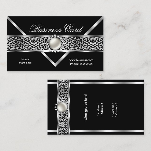 Elegant Leopard Black Silver Diamond Pearl 2 Business Card (Front/Back)