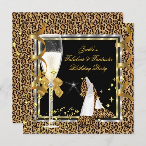 Elegant Leopard Black Silver Gold Birthday Party Invitation