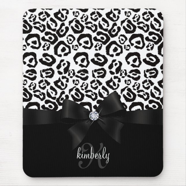 Elegant Leopard Bow & Diamond Personalized Girly Mouse Pad (Front)