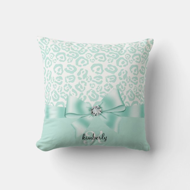 Elegant Leopard Bow & Diamond Personalized Girly Throw Pillow (Front)