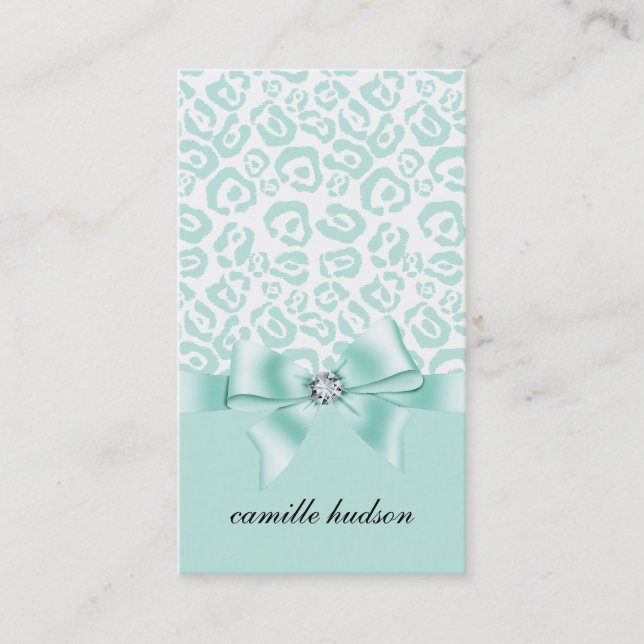 Elegant Leopard Bow & Diamond Professional Girly Business Card (Front)