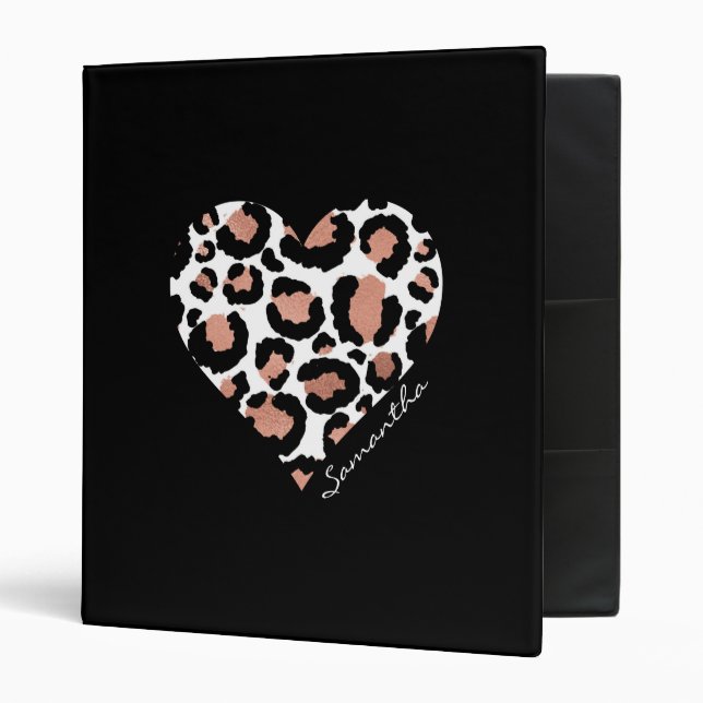 Elegant Leopard Cheetah Pattern Heart Black Name 3 Ring Binder (Front/Inside)