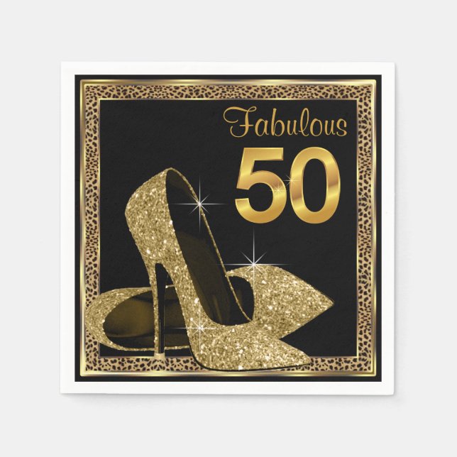 Elegant Leopard Gold High Heel 50th Birthday Party Napkins (Front)