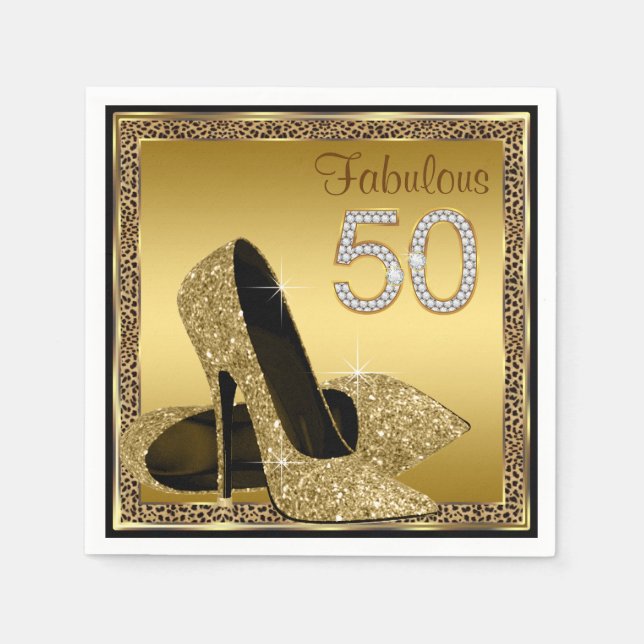 Elegant Leopard Gold High Heel 50th Birthday Party Napkins (Front)