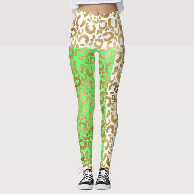 Elegant Leopard Gold White Animal Print  Leggings (Front)