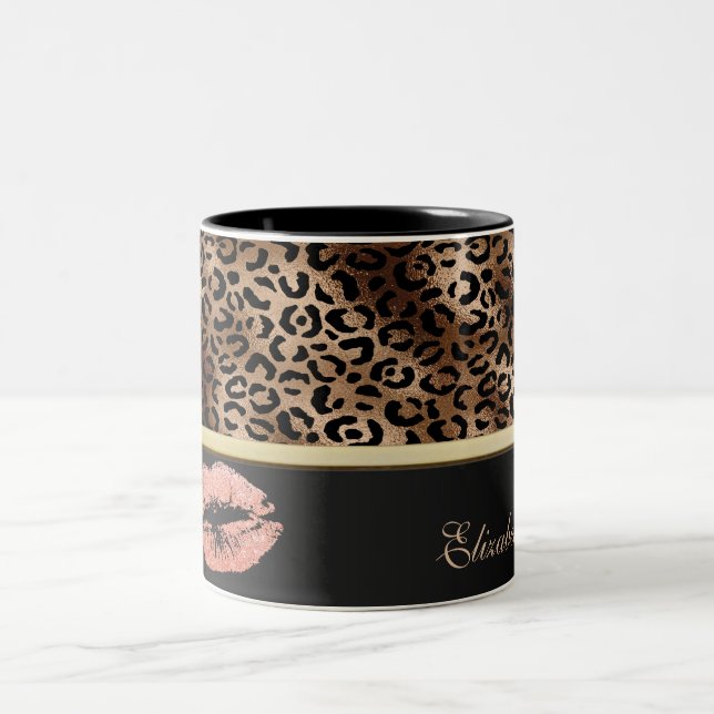 Elegant Leopard Pattern Glitter Lips   Two-Tone Coffee Mug (Center)