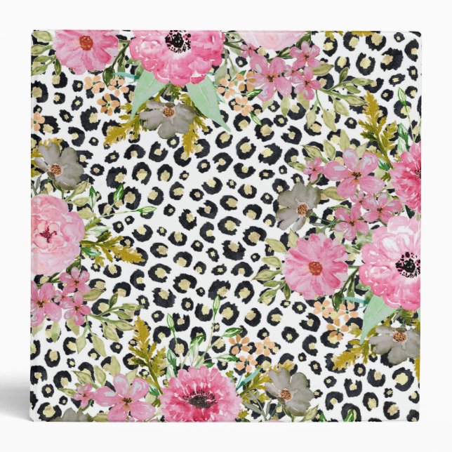 Elegant Leopard Print and Floral Design 3 Ring Binder (Front)