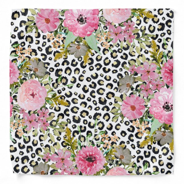 Elegant Leopard Print and Floral Design Bandana (Front)