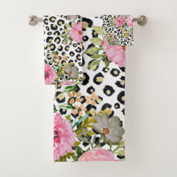 Elegant Leopard Print and Floral Design Bath Towel Set